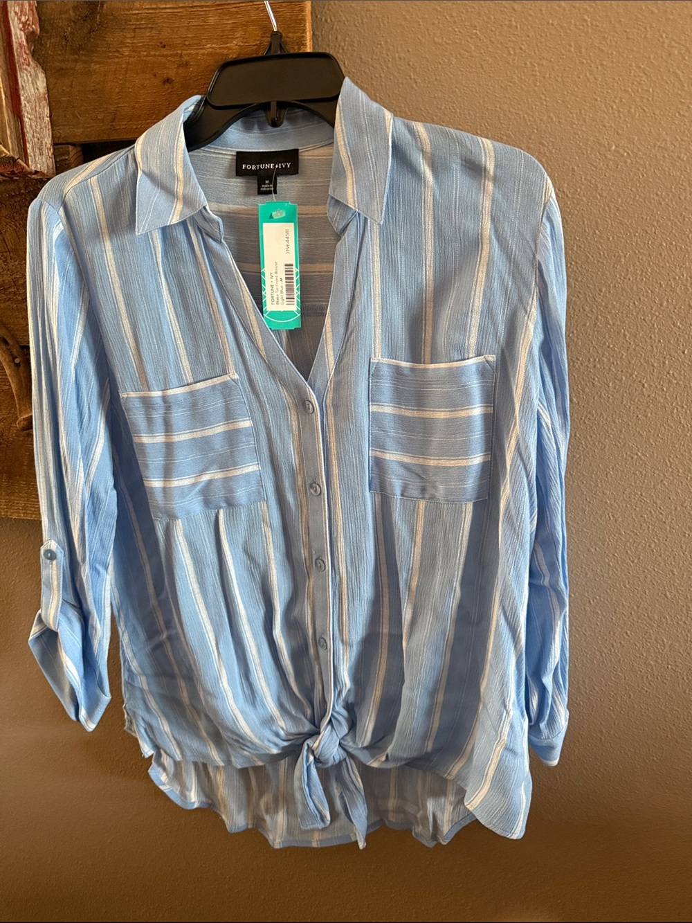 Fortune + Ivy Light Blue Striped Tie-Hem Button Down Shirt
